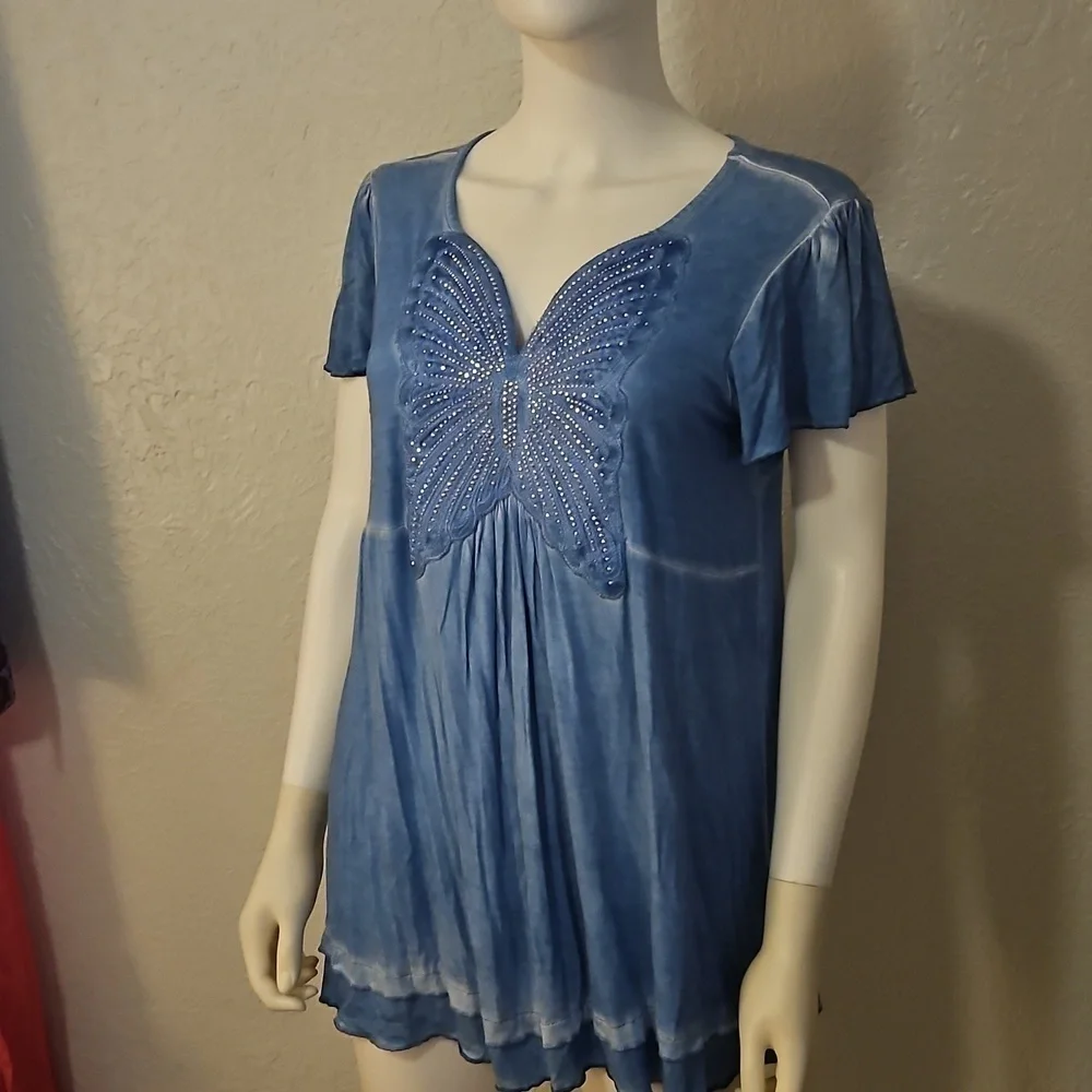 ONE WORLD Blue Embellished Butterfly Fairy Tunic Top